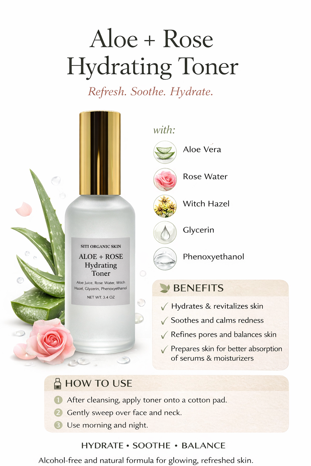 Aloe + Rose Hydrating Toner | Soothing, Alcohol-Free Facial Toner for Dry & Sensitive Skin